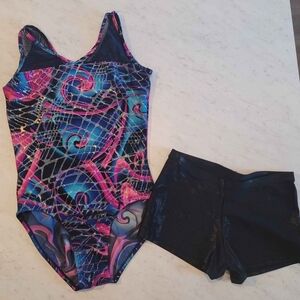 Colorful Swirl Pattern Leotard and Black Shorts Set Gymnastics Mondor